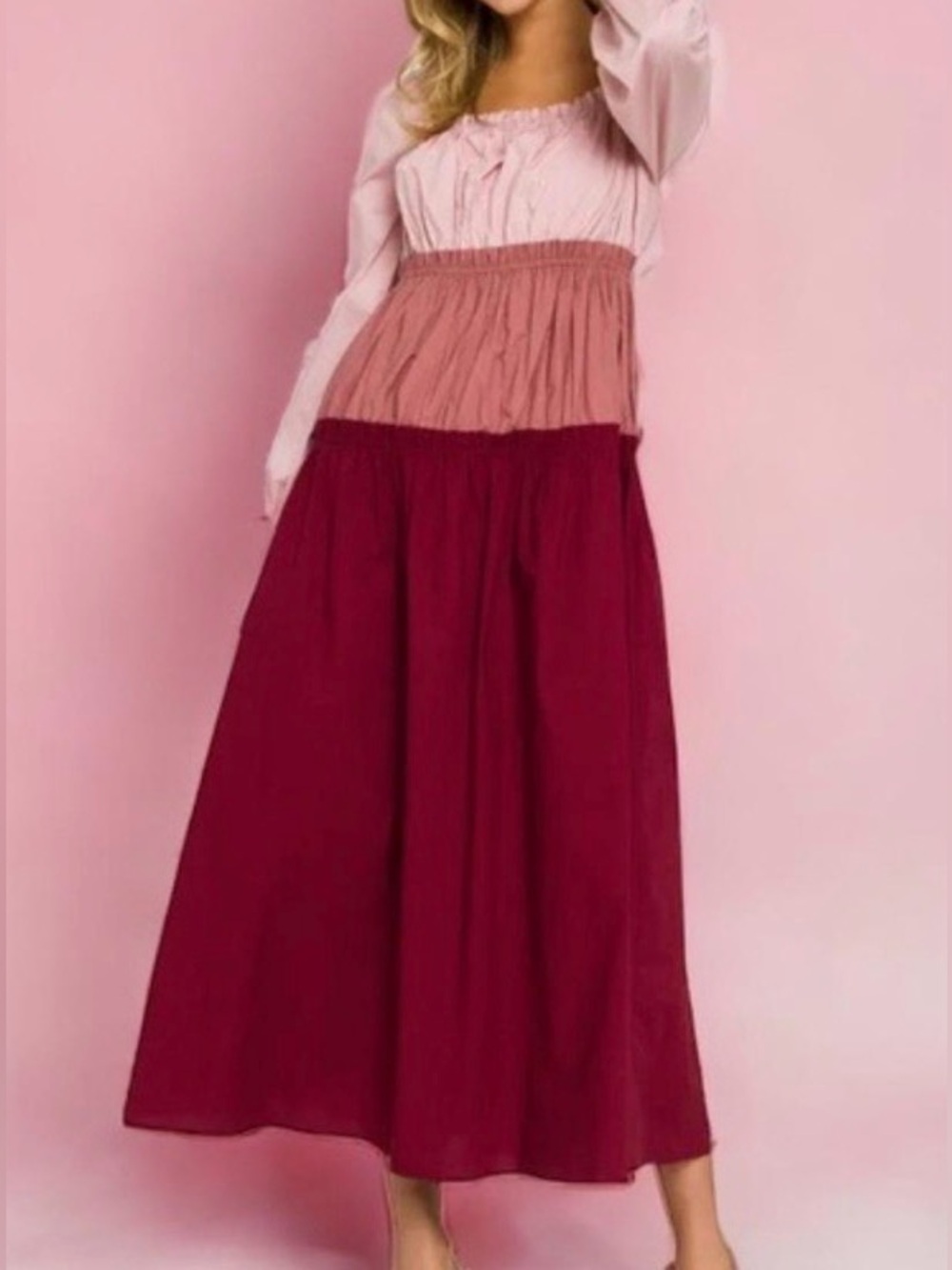 English Factory‎ Burgundy and Rose-Pink Colorblock Maxi Dress Size